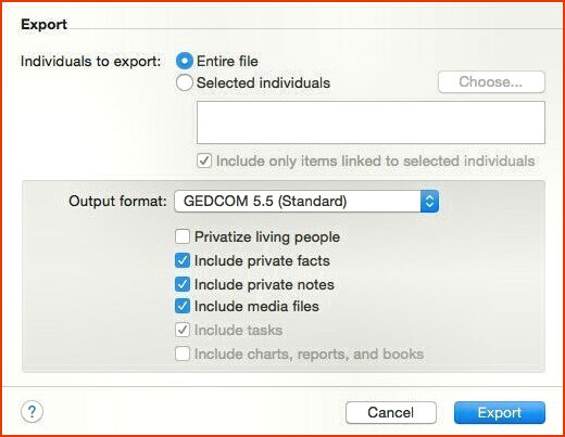 Software de árbol genealógico: exportación de GEDCOM