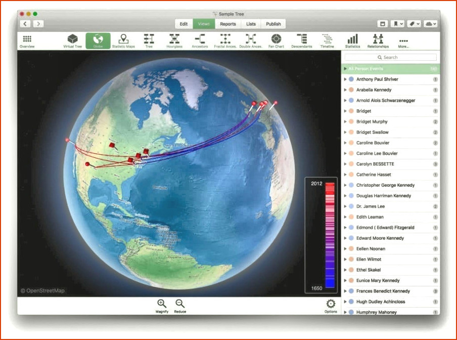 Software de árbol genealógico Mac - MacFamilyTree MapGlobe