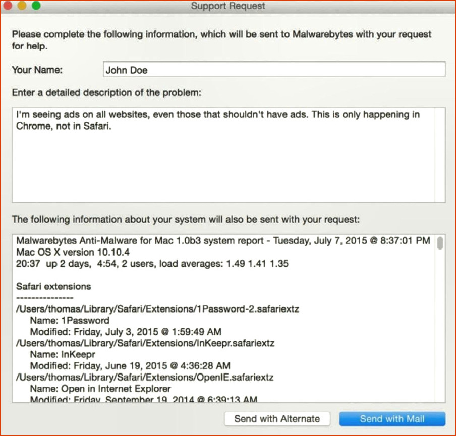 Solicitud de soporte de MalwareBytes para Mac