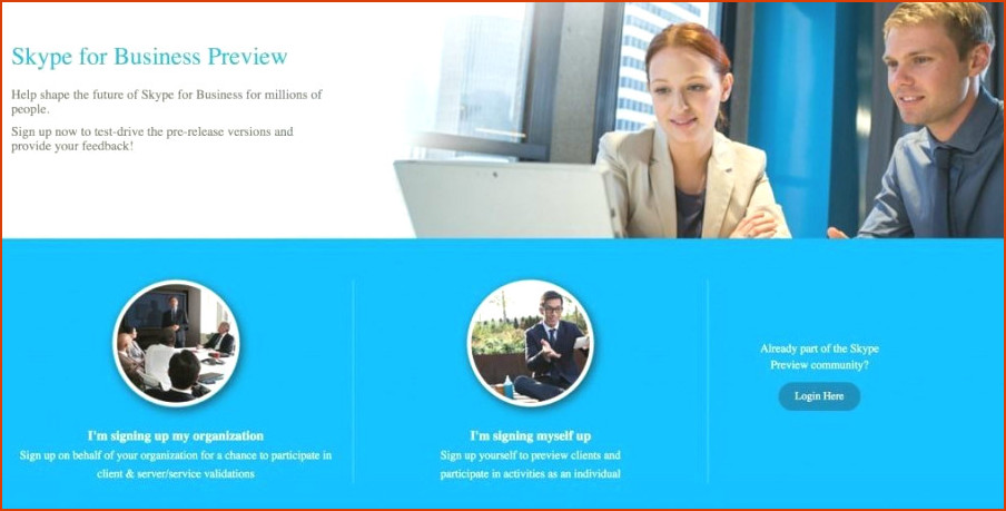 Página de registro de vista previa de Skype for Business