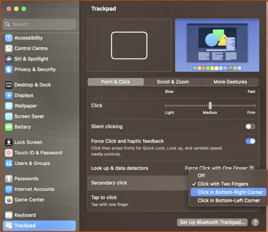 Haga clic derecho en una configuración Mac - Trackpad