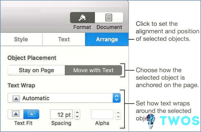 Páginas Formato de configuración del objeto de texto
