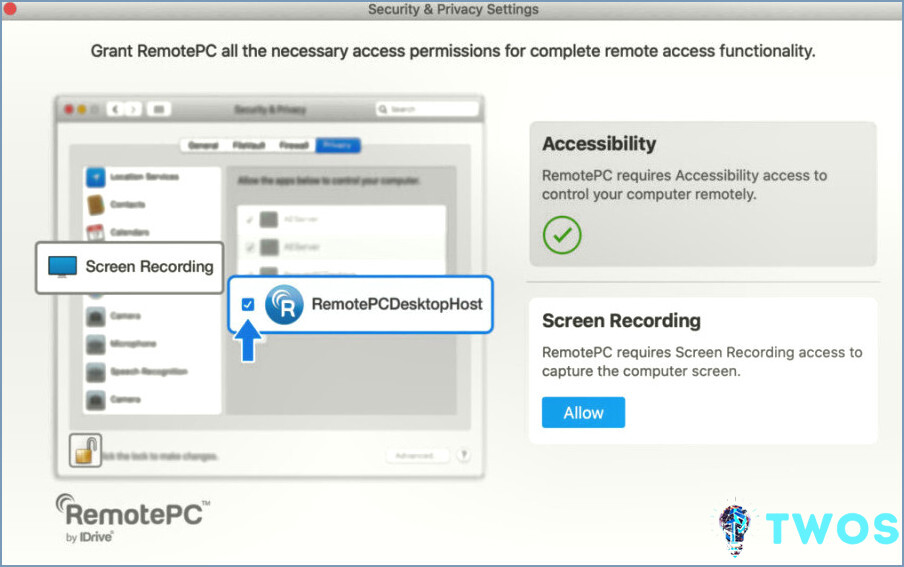 Solicitud de permisos de RemotePC Mac